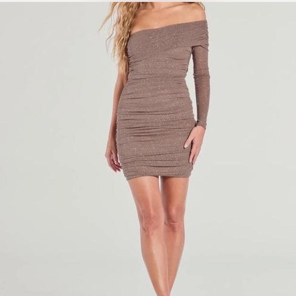 taupe sparkly off the shoulder dress